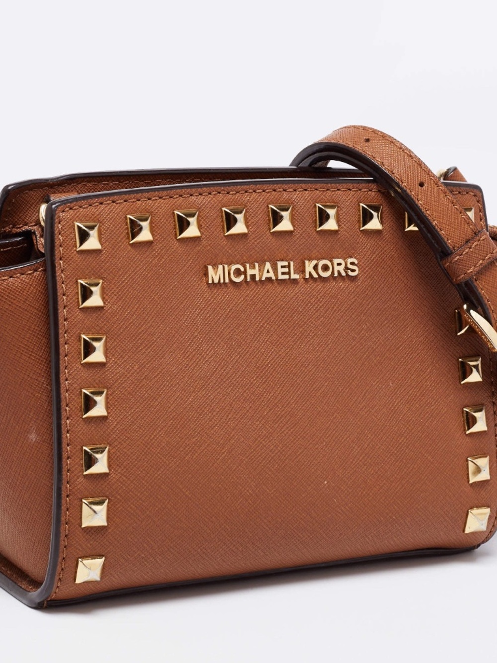 Michael Kors Selma Medium Studded Satchel Brown Saffiano Leather Purse